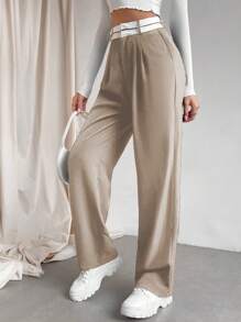 SHEIN Unity Của phụ nữ Khối màu Làm Việc  Quần tây - Màu Khaki - Xem 3