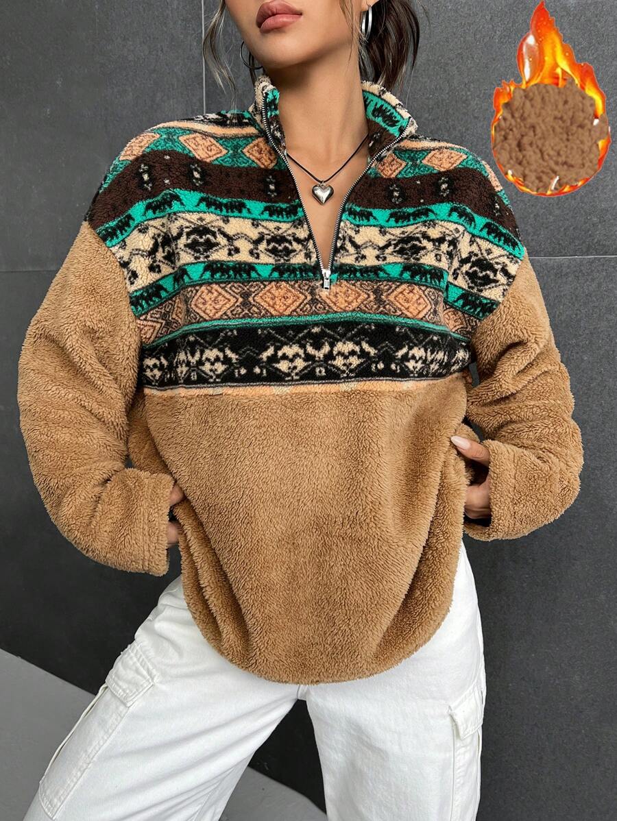 SHEIN EZwear Geo Print Drop Shoulder Teddy Sweatshirt,Long Sleeve Tops In Fall/Winter - Multicolor - View 1