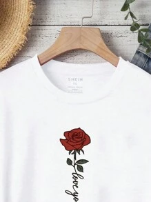 SHEIN 女式大码玫瑰花朵与字母图案短袖 T 恤图案 T 恤女式上衣 - 白色 - 查看 3