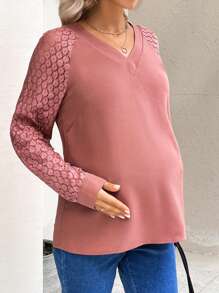 SHEIN Maternity Patchwork Lace Raglan Sleeve Blouse - Pink - View 1