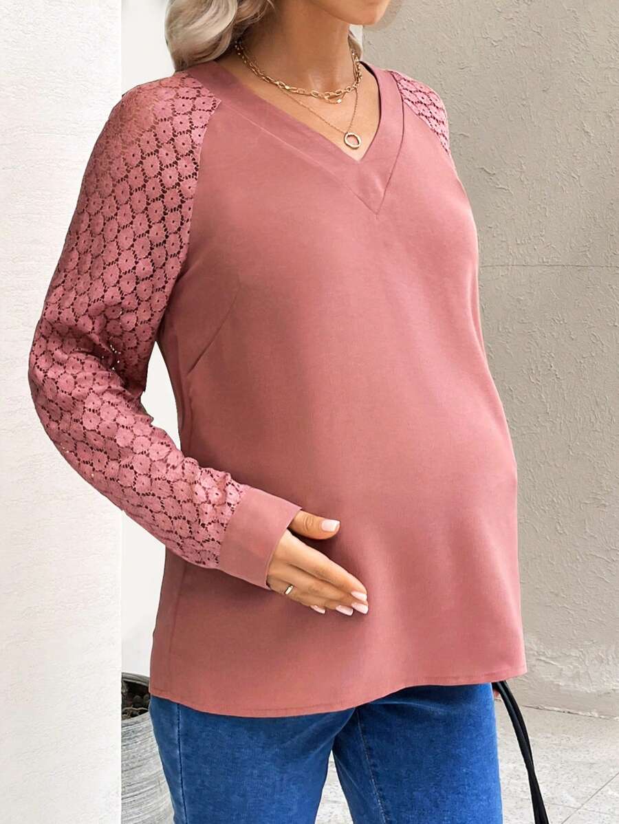 SHEIN Maternity Patchwork Lace Raglan Sleeve Blouse - Pink - View 1