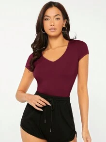 SHEIN BASICS Women's V-neck Solid Color Short Sleeve T-shirt - Burgundy - View 3