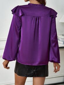 SHEIN Clasi 女用荷葉邊下擺燈籠袖襯衫 - 紫色 - 查看 2