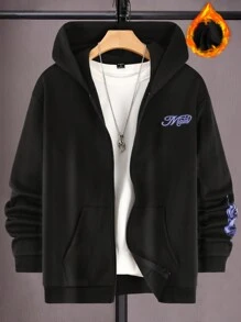 Manfinity EMRG Lỏng lẻo phù hợp Nam Sọ Đầu & Lá thư In áo có mũ Lông cừu Khóa kéo-lên Hoodie - màu đen - Xem 6