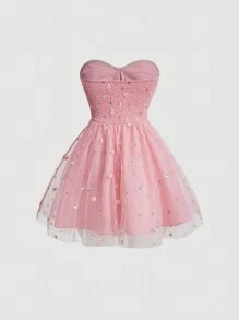 SHEIN MOD Women's Floral Embroidery Mesh Splicing Strapless Dress - Pink - View 2