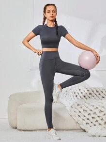 SHEIN Teenage Girls' Solid Color Tank Top, T-Shirt, Shorts, And Pants Sports Suit - Dark Grey - View 3