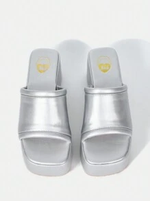 SheIn SXY 女士懶人拖鞋,露趾設計,透氣,厚底楔形跟,夏季款 - 銀色 - 查看 3