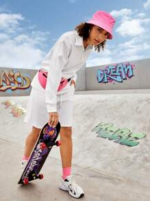 Streetz SHEIN Sport Women's Polo Neck Long Sleeve Sweatshirt And Shorts Sports Set - White - View 4