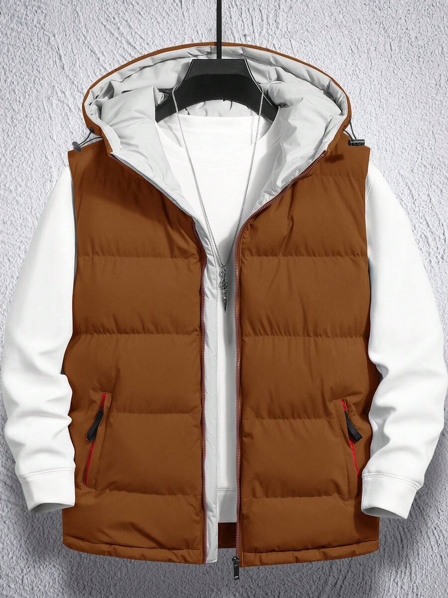 Manfinity Hypemode Lỏng lẻo Nam Màu thuần Không tay áo có mũ Áo vest lông vũ Với dây kéo - Cà phê nâu - Xem 1