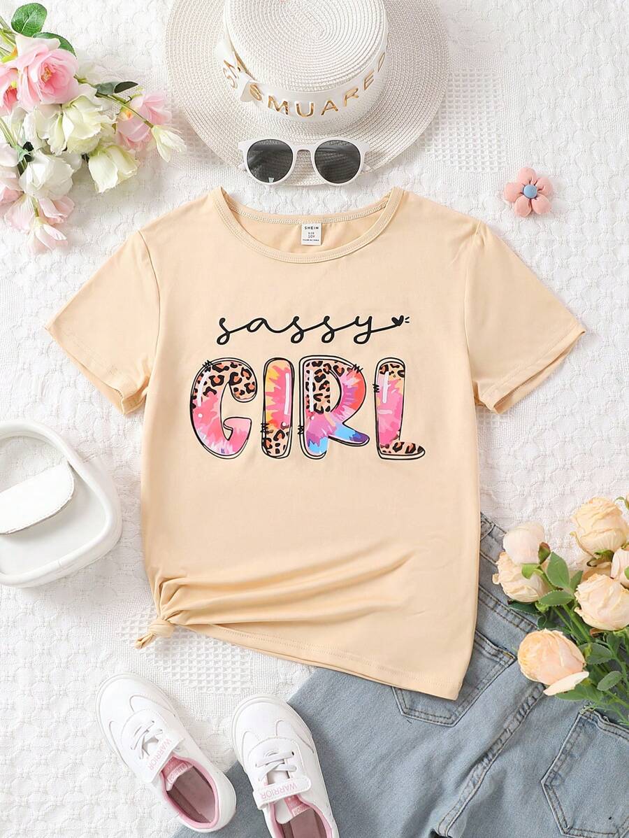 SHEIN 少女字母印花夏季T恤 - 卡其色 - 查看 1