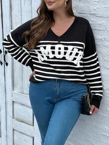 SHEIN LUNE 女式大尺碼v領天鵝絨字母條紋毛衣 - 黑與白 - 查看 4
