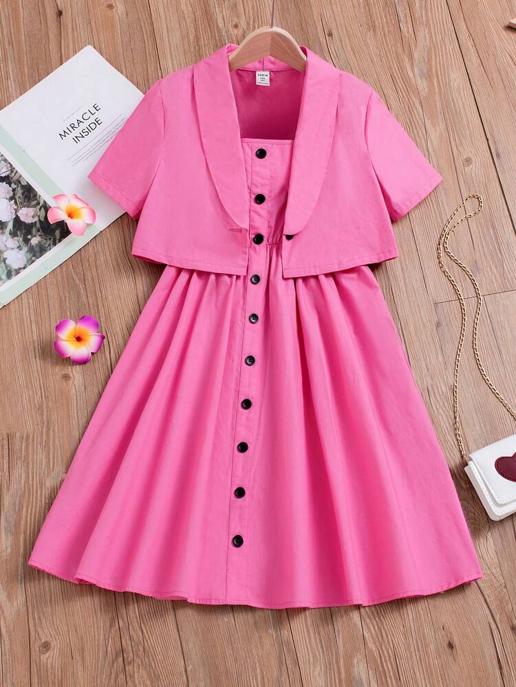 Girls' Woven Plain Shawl Collar Short Jacket With Plain Spaghetti Strap Dress Set