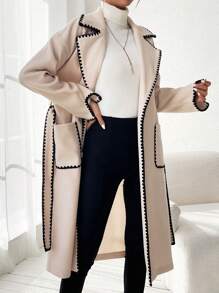 SHEIN LUNE Áo khoác dệt kim viền phối màu có túi đôi, áo khoác nữ cuối thu, viền tương phản, túi, cổ áo choàng thả vai có khóa kéo, màu mơ, áo khoác ngoài nữ phối màu, giữ ấm mùa đông/ thời trang mùa đông - Màu be - Xem 3