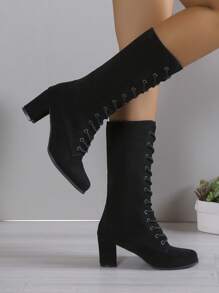 秋冬女士时尚跨界系带粗跟靴