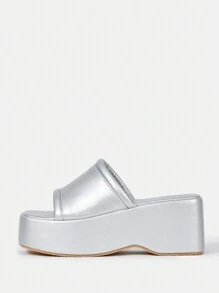 SheIn SXY 女士懶人拖鞋,露趾設計,透氣,厚底楔形跟,夏季款 - 銀色 - 查看 4