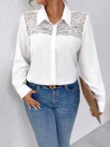 SHEIN LUNE 大尺寸純色蕾絲拼接襯衫 - 白色 - 查看 5
