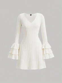 SHEIN MOD V領多層袖女裝連衣裙 - 咖啡棕 - 查看 1