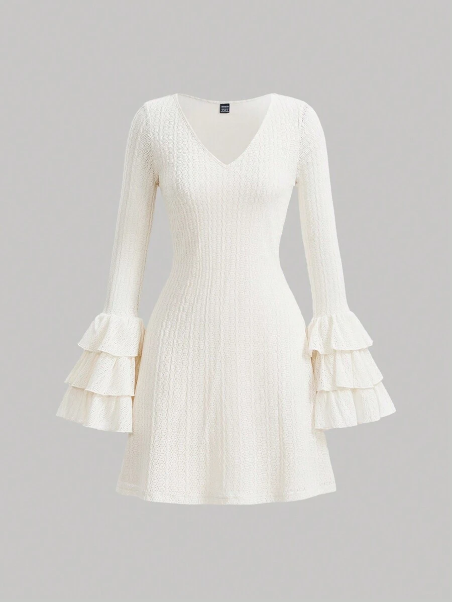 SHEIN MOD V領多層袖女裝連衣裙 - 咖啡棕 - 查看 1
