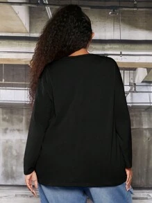 SHEIN CURVE+ Women's Plus Size Letter Printed Tee With Floral Pattern - Black - View 2