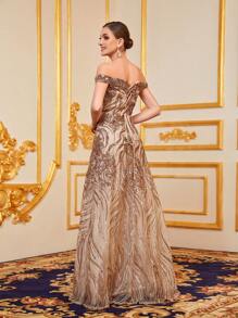 Faeriesty Elegant Off-The-Shoulder Formal Evening Gown For Women With Corset Waist Ties And All-Over Floral Applique Sequins Embroidery