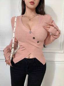 DAZY Của phụ nữ Thon gọn Áo len Với Thiết kế chéo - Hồng - Xem 4