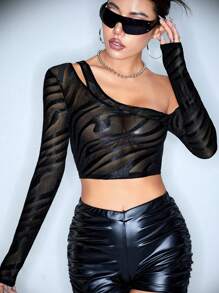 SHEIN ICON 女用不對稱領口透明網眼短上衣 - 黑色 - 查看 4