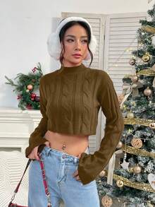 SHEIN Unity Của phụ nữ Đứng cổ áo Màu thuần Xoắn Mẫu Giải trí Áo chui đầu Áo len - Cà phê nâu - Xem 4