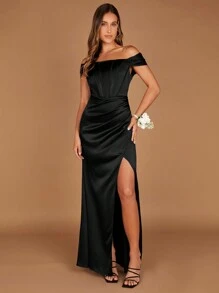 SHEIN Belle 女士露肩高开叉伴娘礼服，成人款，黑色优雅正式晚会舞会婚礼宾客礼服，适合毕业典礼、晚宴派对礼服 - 黑色 - 查看 3