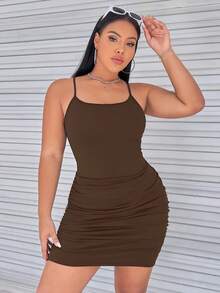 SHEIN EZwear Kích thước lớn Của phụ nữ Xếp li Váy Cami Bodycon - màu nâu - Xem 3