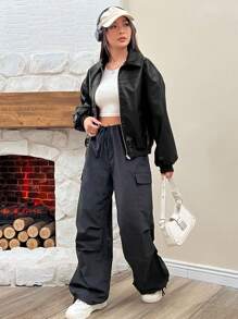 Muchica Chaqueta de cuero sintético rojo con cremallera, manga larga y hombros caídos, chaqueta corta negra para mujer en otoño/invierno - Negro - Ver 3