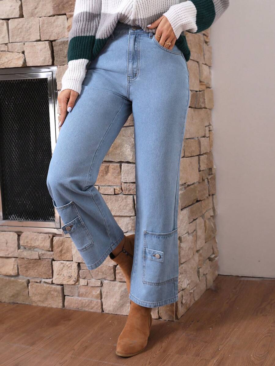 SHEIN LUNE Women's Denim Flared Pants - Blue - View 1