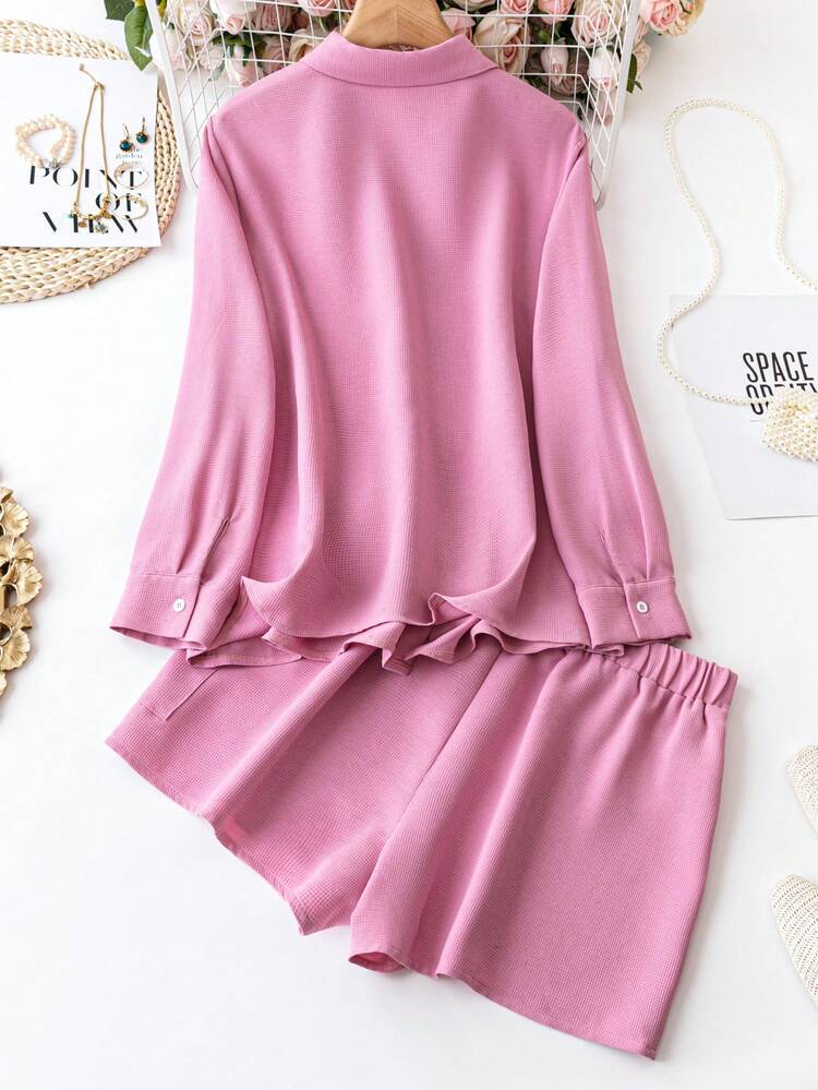 Plus Size Women's Pink Waffle Plaid Long Sleeve Top And Shorts Set