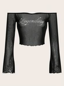 SHEIN ICON Women'S Letter Print Rhinestone Decor Off Shoulder Lettuce Trim Cropped Top - Black - View 2