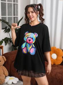 SHEIN EZwear Women'S Plus Size Cartoon Printed Drop Shoulder T-Shirt - Black - View 1