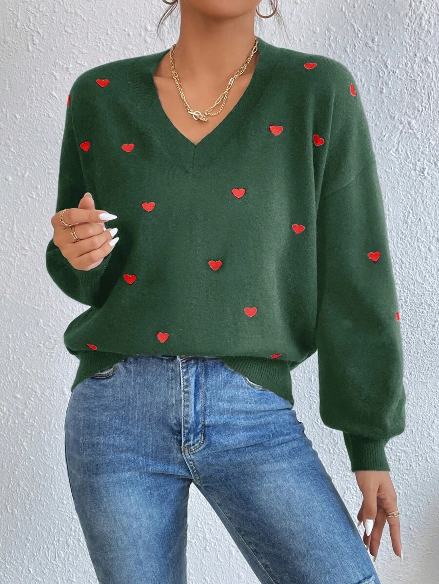 EURMUSE Heart Pattern Drop Shoulder Sweater - Dark Green - View 1