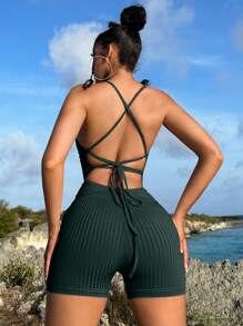 SHEIN SXY Backless Solid Ribbed Knit Cami Unitard Romper - Dark Green - View 1