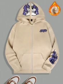 Manfinity EMRG 寬鬆男式骷髏和字母印花連帽抓絨運動衫 - 杏色 - 查看 1