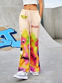 Gameset SHEIN Sport 卡通图案运动裤 喇叭裤 狂欢裤 长裤 Y2kflare 裤 女童喇叭裤 运动裤 图案裤 - 彩色 - 查看 7