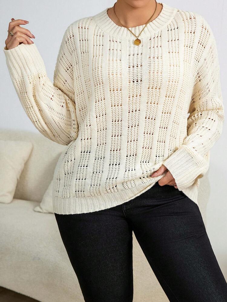 Women's Plus Size Drop Shoulder Hollow Sweater Pullover Knit Pullover Fall Winter Sweater