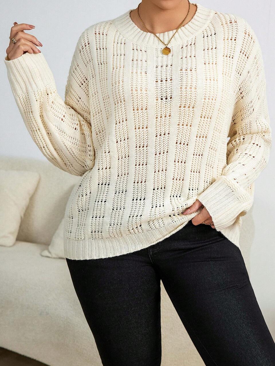 Women's Plus Size Drop Shoulder Hollow Sweater Pullover Knit Pullover Fall Winter Sweater