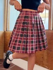 SHEIN EZwear Women's College Style Checked Pleated Skirt - Red - View 6