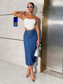 SHEIN BAE Women's Mid-length Straight Denim Skirt - Dark Wash - View 4