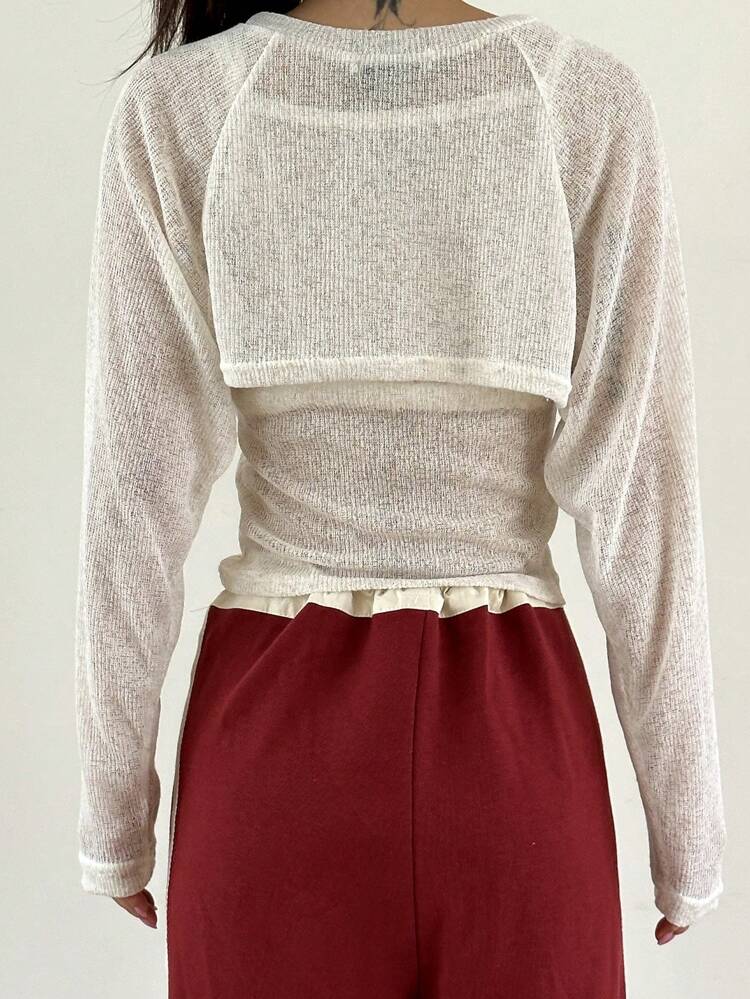 Women's Solid Color Round Neck Long Sleeve Crop Top And Cami Top Two Pieces Set Linen,Fall Women Clothes