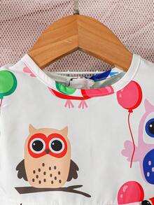 女嬰春季秋季可愛貓頭鷹&氣球印花連身裙 - 白色 - 查看 3