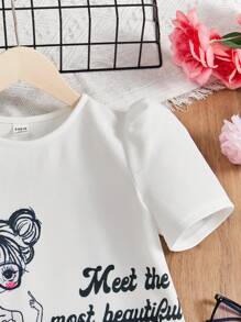 SHEIN 10~14歲少女鬆身休閒短袖連衣裙,採用角色和字母印花設計,採圓領設計 - 白色 - 查看 3