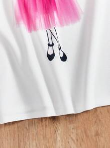 SHEIN 10~14歲少女鬆身休閒短袖連衣裙,採用角色和字母印花設計,採圓領設計 - 白色 - 查看 5