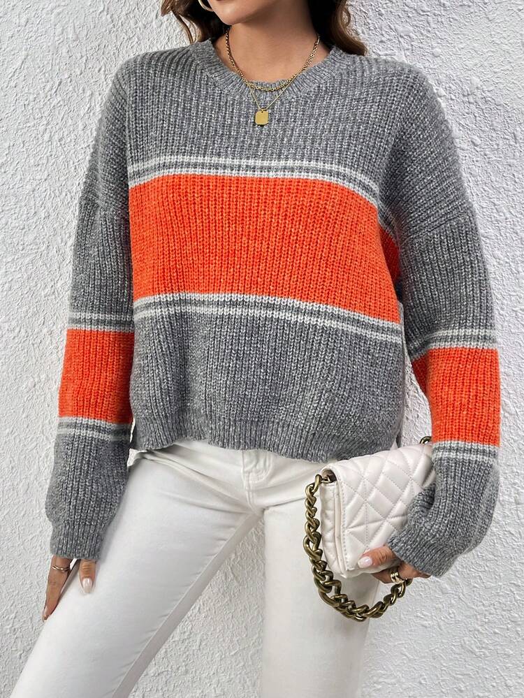 Women's Color-Block Drop-Shoulder Knit Pullover Fall Winter Sweater