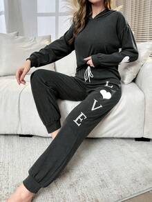 Ladies Letter Love Pattern Casual Homewear Set - Dark Grey - View 3