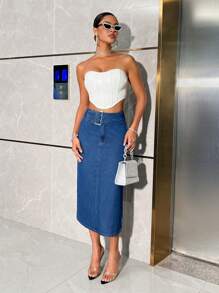 SHEIN BAE Women's Mid-length Straight Denim Skirt - Dark Wash - View 6