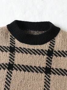 SHEIN 年輕女孩時尚優雅毛衣格紋毛衣和裙子套裝 - 卡其色 - 查看 4